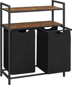 Songmics Wasmand, Wasverzamelaar, 2 Vakken, 2 Planken, Metalen Frame, 2 X 46 Liter, 73 X 33 X 91 Cm, Vintabruin-zwart BLH211B01