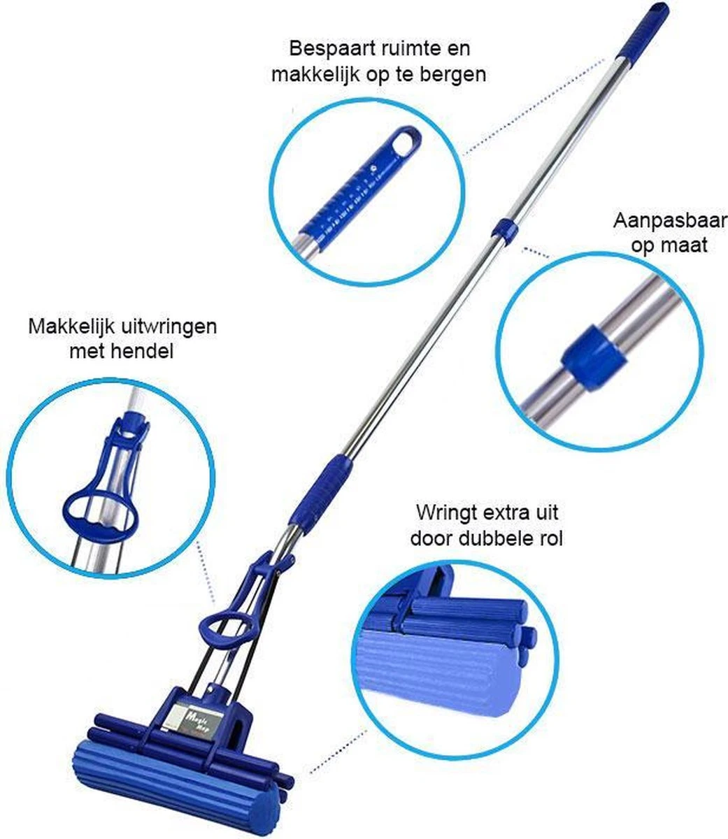 Magic Mop Vloerwisser - Dweilsysteem Zonder Wringen - Inclusief Telescoopsteel 150 Cm - Blauw 5 Magic Mop Vloerwisser - Dweilsysteem Zonder Wringen - Inclusief Telescoopsteel 150 Cm - Blauw - Afbeelding 5