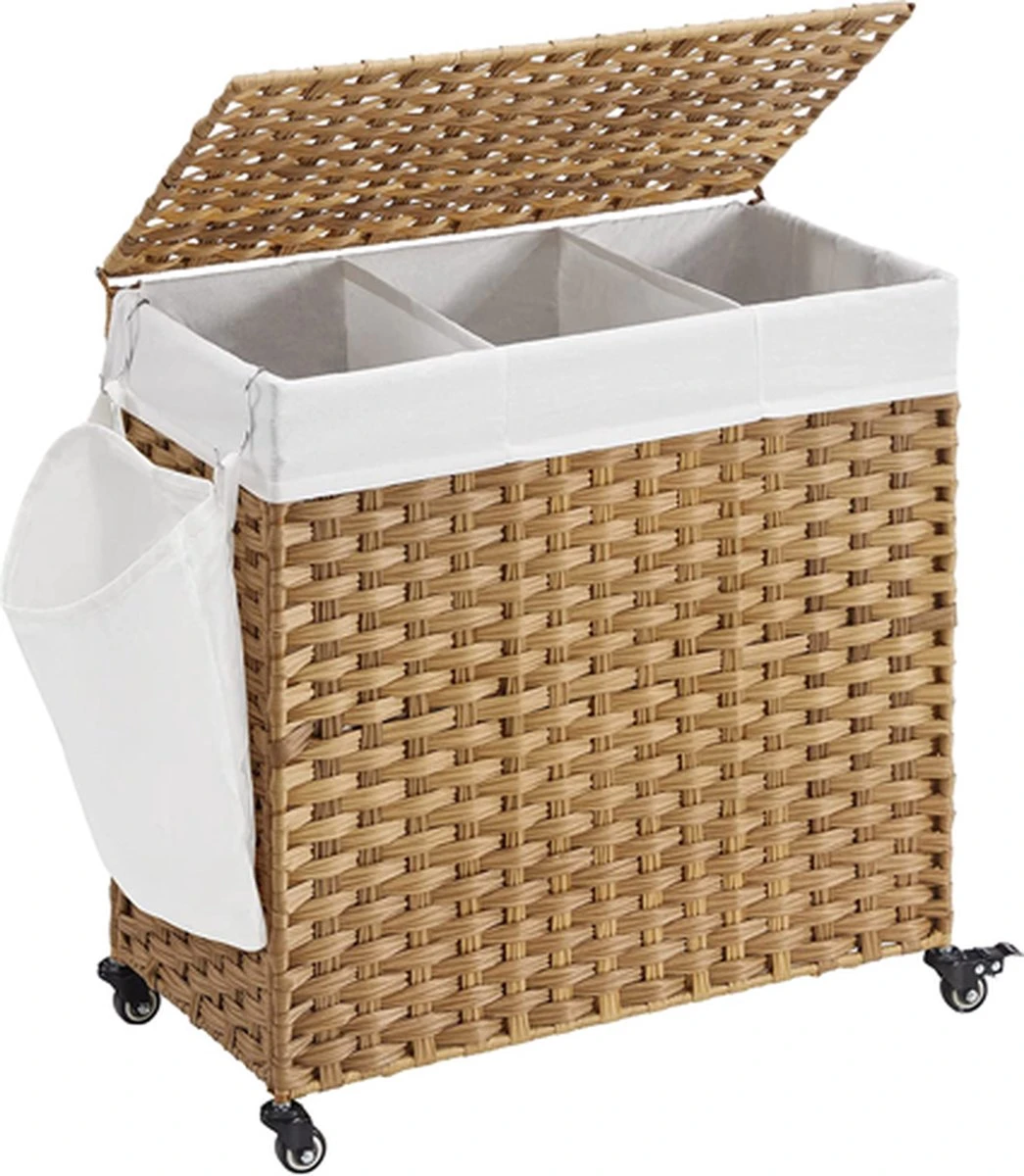 Hoppa! Wasmand, Handgeweven Wasmand, 140L Rotan-stijl Met 3 Compartimenten, Uitneembare Voering, Handgrepen, Deksel, Voor Woonkamer, Badkamer, 26 X 13 X 23.6 Inch, Natuurlijk 1 Hoppa! Wasmand, Handgeweven Wasmand, 140L Rotan-stijl Met 3 Compartimenten, Uitneembare Voering, Handgrepen, Deksel, Voor Woonkamer, Badkamer, 26 X 13 X 23.6 Inch, Natuurlijk