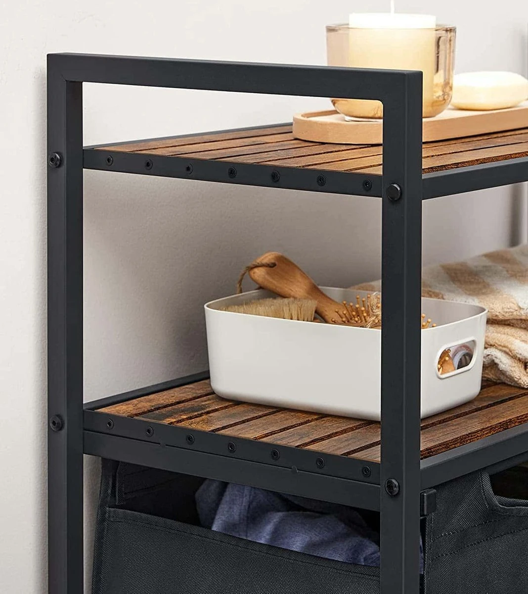 Songmics Wasmand, Wasverzamelaar, 2 Vakken, 2 Planken, Metalen Frame, 2 X 46 Liter, 73 X 33 X 91 Cm, Vintabruin-zwart BLH211B01 8 Songmics Wasmand, Wasverzamelaar, 2 Vakken, 2 Planken, Metalen Frame, 2 X 46 Liter, 73 X 33 X 91 Cm, Vintabruin-zwart BLH211B01 - Afbeelding 8