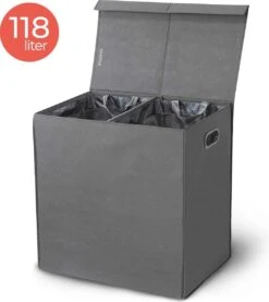 LifeGoods Dubbele Wasmand - 120L - Deksel En Handvaten - 2 Vakken - Grijs