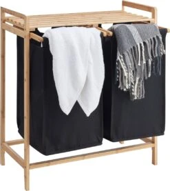 ACAZA Wasmand Met 2 Uitschuifbare Waszakken - Wassorteerder - 44 Liter - Bamboe - 73.5x64.5x33 Cm - Zwart -Leifheit Store 1071x1200 1