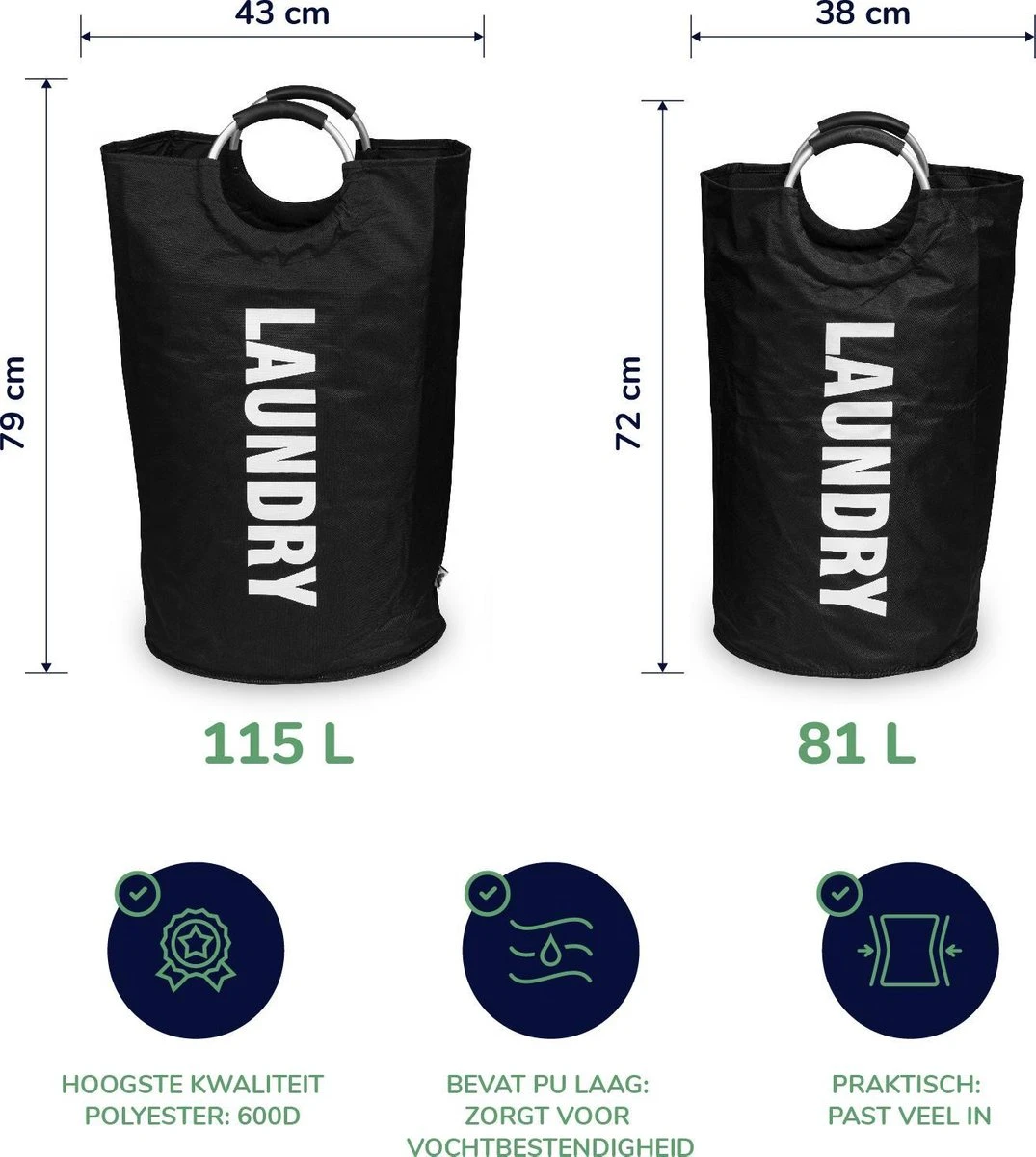 Wonair Wasmand – Waszak – Laundry Bag - Wassorteerder - Opvouwbaar – 81L – Zwart 8 Wonair Wasmand – Waszak – Laundry Bag - Wassorteerder - Opvouwbaar – 81L – Zwart - Afbeelding 8