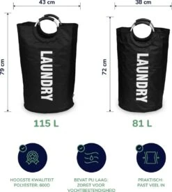 Wonair Wasmand – Waszak – Wassorteerder - Opvouwbaar – Zwart – 115L -Leifheit Store 1075x1200