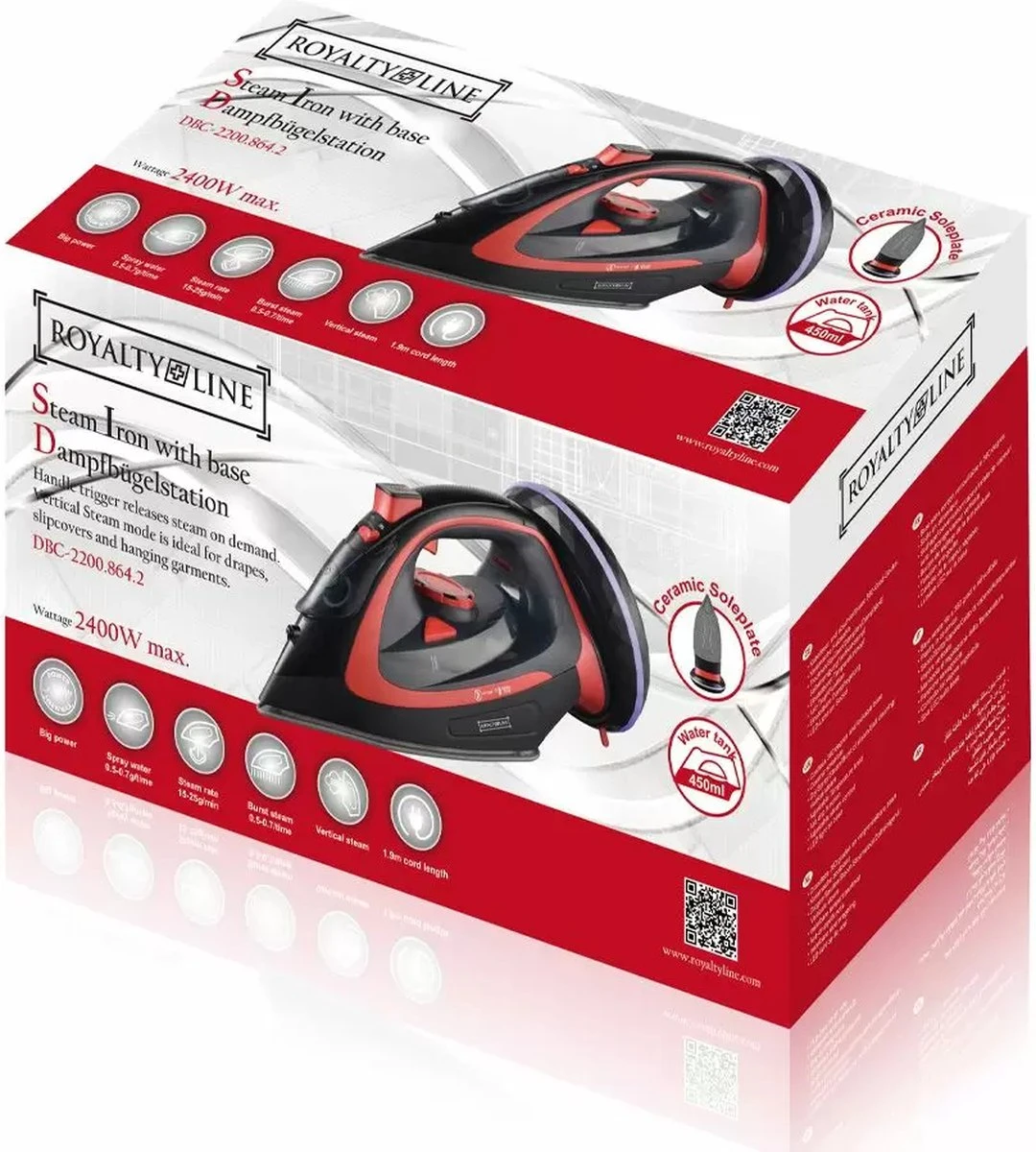 Royalty Line Draadloos Strijkijzer - Krachtig Snoerloos Strijken - Snoerloze Stoomstrijkijzer - Droogstrijkijzer - 2400W - Strijkijzer Met Stoomgenerator - 450ML Watercapaciteit - Rood 8 Royalty Line Draadloos Strijkijzer - Krachtig Snoerloos Strijken - Snoerloze Stoomstrijkijzer - Droogstrijkijzer - 2400W - Strijkijzer Met Stoomgenerator - 450ML Watercapaciteit - Rood - Afbeelding 8