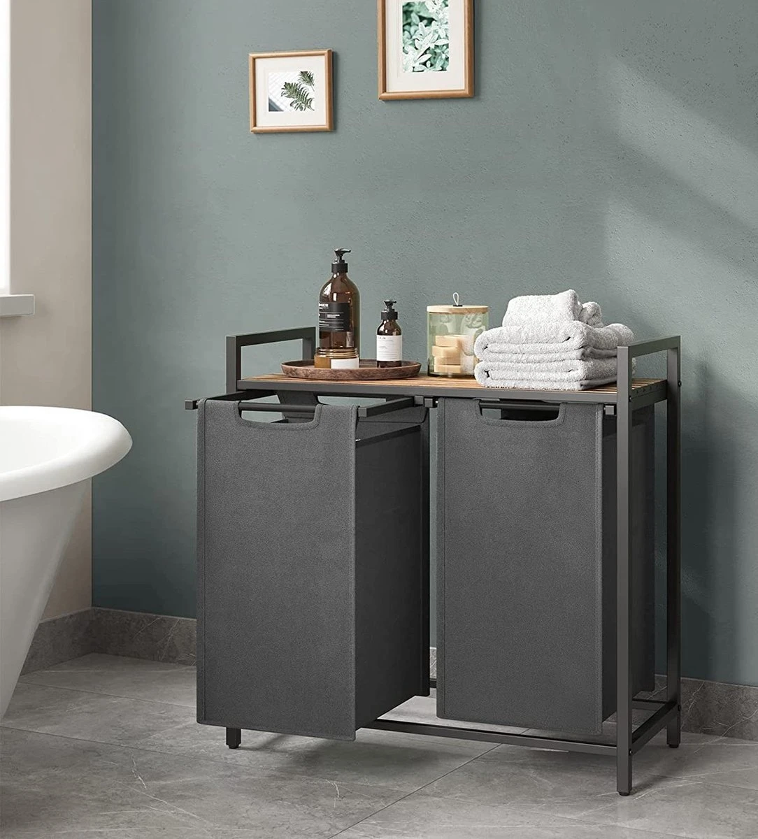 Merkloos Wasmand - Wasverzamelaar - 2 Vakken - Met Plank - Wassorteerbak - Metalen Frame, 2 Uitneembare Vakken Van Oxford Stof - Met Klittenbandsluiting - Vintage Bruin-Grijs 3 Merkloos Wasmand - Wasverzamelaar - 2 Vakken - Met Plank - Wassorteerbak - Metalen Frame, 2 Uitneembare Vakken Van Oxford Stof - Met Klittenbandsluiting - Vintage Bruin-Grijs - Afbeelding 3