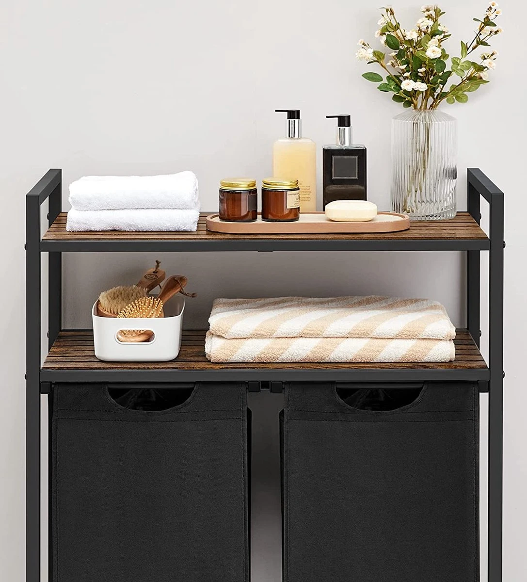 Songmics Wasmand, Wasverzamelaar, 2 Vakken, 2 Planken, Metalen Frame, 2 X 46 Liter, 73 X 33 X 91 Cm, Vintabruin-zwart BLH211B01 5 Songmics Wasmand, Wasverzamelaar, 2 Vakken, 2 Planken, Metalen Frame, 2 X 46 Liter, 73 X 33 X 91 Cm, Vintabruin-zwart BLH211B01 - Afbeelding 5