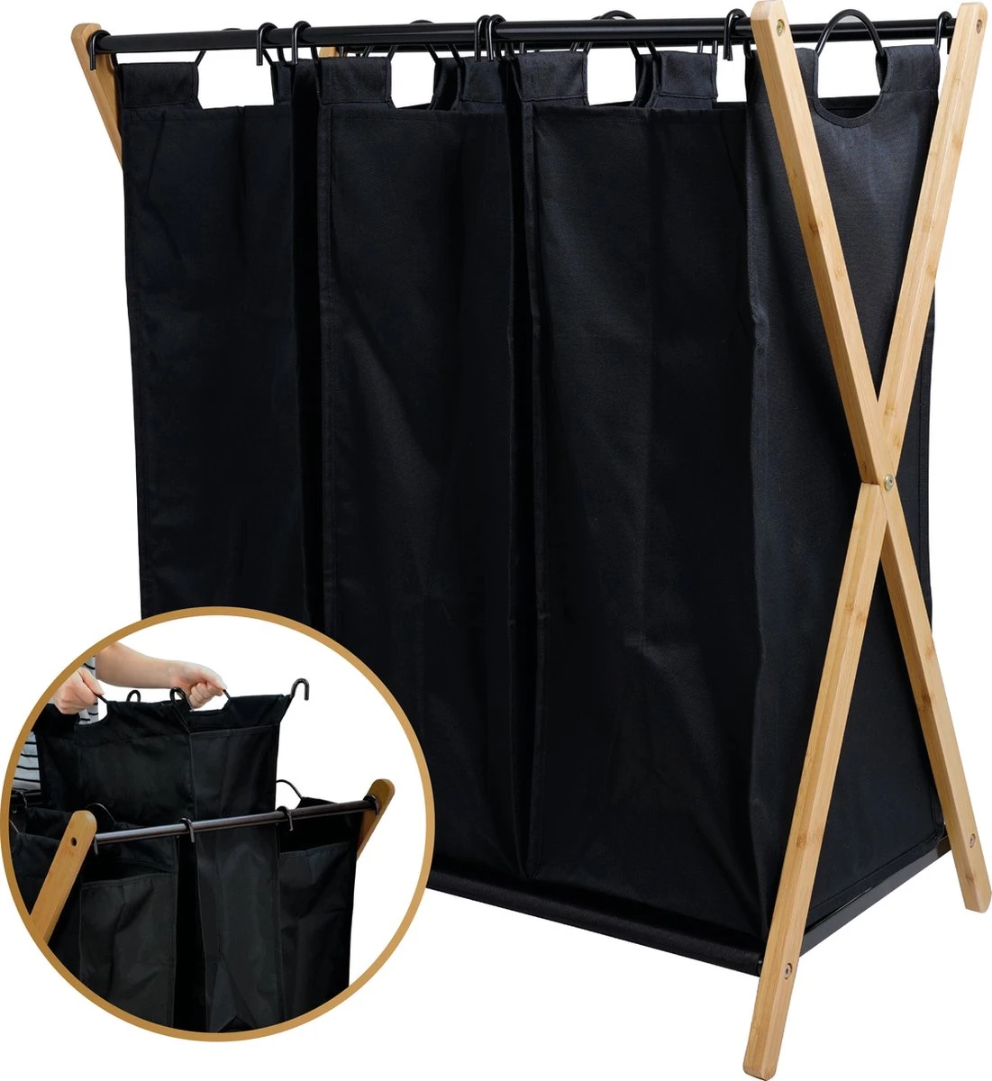 JASC Wasmand 3 Vakken - Wassorteerder - Wasmanden - Zwart - Bamboe - 128 Liter 1 JASC Wasmand 3 Vakken - Wassorteerder - Wasmanden - Zwart - Bamboe - 128 Liter