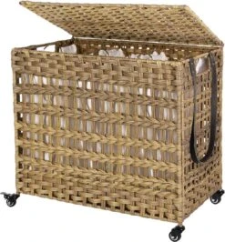 Segenn's Handgeweven Wasmand - Wasmand Van Polyrotan - Met 3 Vakken - Deksel En Handvatten - Uitneembare Vakken - Woonkamer - Slaapkamer - Wasruimte - Natuurlijke Kleur