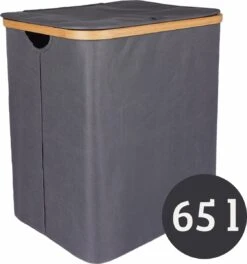 Mmoods Wasmand Katoen 2 Vakken 65 Liter - Wassorteerder Met Deksel Bamboe - Wasbox Badkamer Met Handvaten Grijs