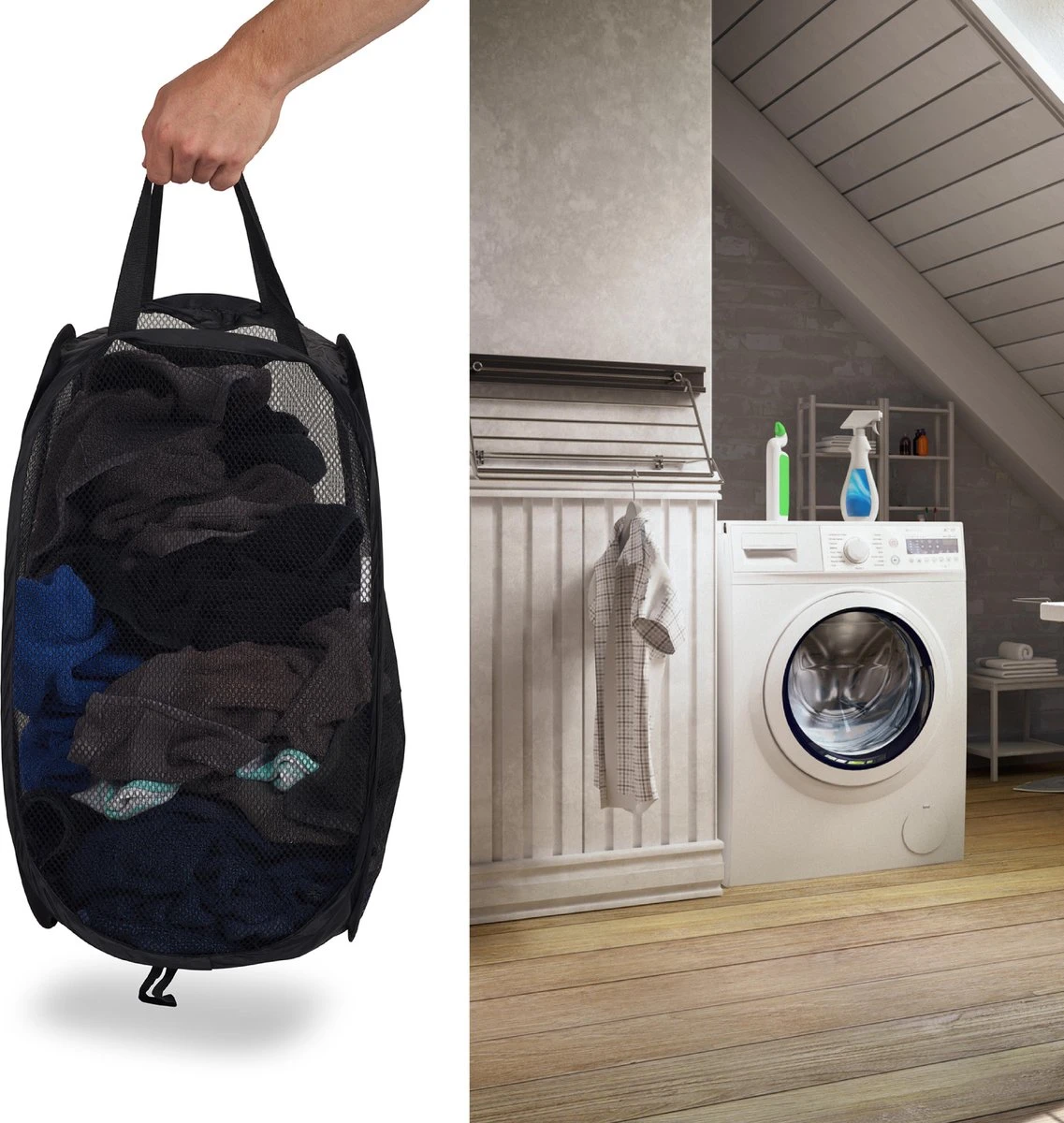 Wonair - Opvouwbare Wasmand - Wassorteerder - Extra Opbergvak – Met Hengsel - 70L - Zwart 4 Wonair - Opvouwbare Wasmand - Wassorteerder - Extra Opbergvak – Met Hengsel - 70L - Zwart - Afbeelding 4