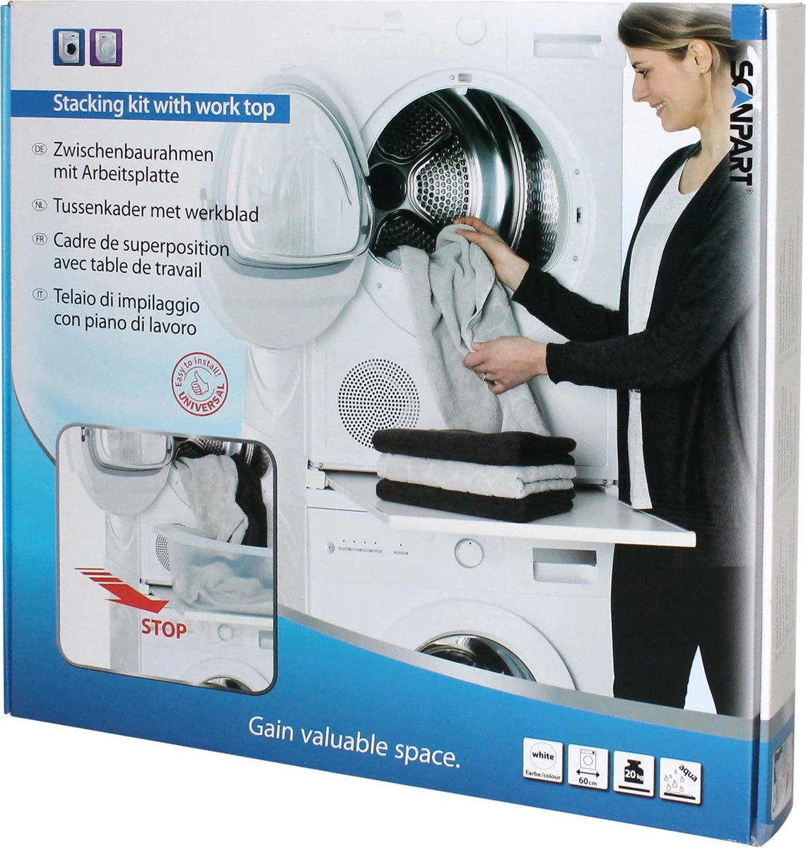 Scanpart Tussenstuk Voor Wasmachine En Droger Met Werkblad - Geschikt Voor AEG Bosch Miele - Stapelkit - Universeel 6 Scanpart Tussenstuk Voor Wasmachine En Droger Met Werkblad - Geschikt Voor AEG Bosch Miele - Stapelkit - Universeel - Afbeelding 6