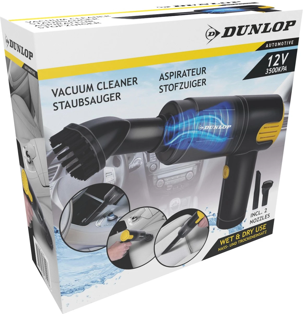 Dunlop Auto Stofzuiger - 12V Aansteker Aansluiting - Nat En Droog - Spleet- En Borstelmondstuk - 3 Meter Kabel - Auto Accessories - Zwart/Geel 4 Dunlop Auto Stofzuiger - 12V Aansteker Aansluiting - Nat En Droog - Spleet- En Borstelmondstuk - 3 Meter Kabel - Auto Accessories - Zwart/Geel - Afbeelding 4