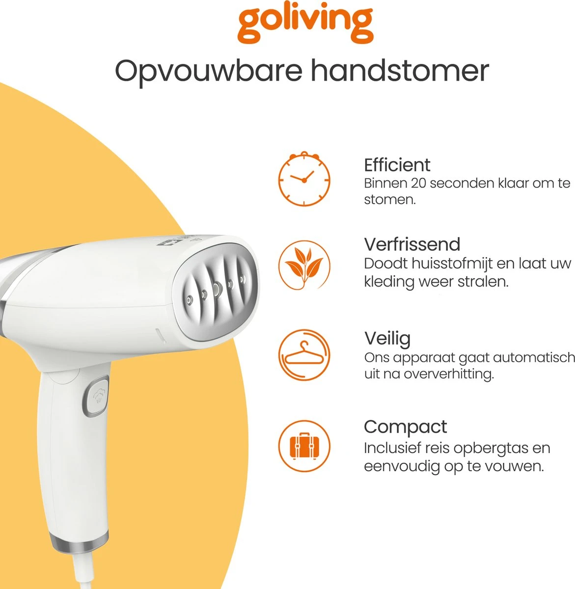 Goliving Kledingstomer - Handstomer Voor Kleding/textiel/stof - Stoomstrijkijzer - Handstoomreiniger - Handstomer - Opvouwbaar - Incl. Reis-etui - Wit 5 Goliving Kledingstomer - Handstomer Voor Kleding/textiel/stof - Stoomstrijkijzer - Handstoomreiniger - Handstomer - Opvouwbaar - Incl. Reis-etui - Wit - Afbeelding 5