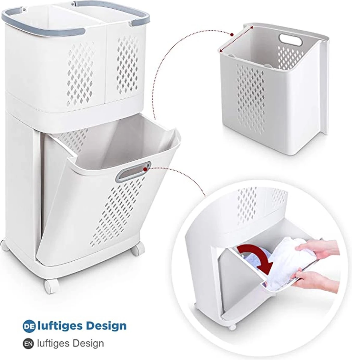 Wassorteerder – Wasmand Met 3 Vakken - Op Wieltjes - Valencia 2 Wassorteerder – Wasmand Met 3 Vakken - Op Wieltjes - Valencia - Afbeelding 2