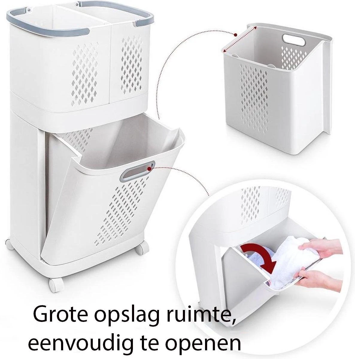 Sens Design Wasmanden Met Deksel - Wassorteerder 3 Vakken Op Wieltjes 3 Sens Design Wasmanden Met Deksel - Wassorteerder 3 Vakken Op Wieltjes - Afbeelding 3