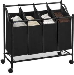 Acaza Stevige Wassorteerder - Wasmand Op Wieltjes Met 4 Uitneembare Vakken - 140L - Zwart
