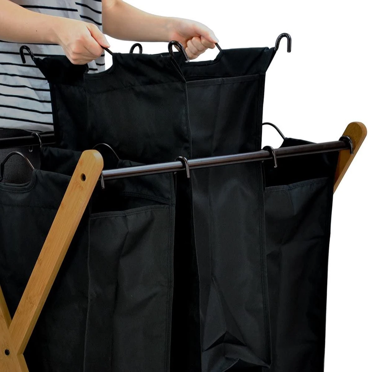 JASC Wasmand 3 Vakken - Wassorteerder - Wasmanden - Zwart - Bamboe - 128 Liter 2 JASC Wasmand 3 Vakken - Wassorteerder - Wasmanden - Zwart - Bamboe - 128 Liter - Afbeelding 2