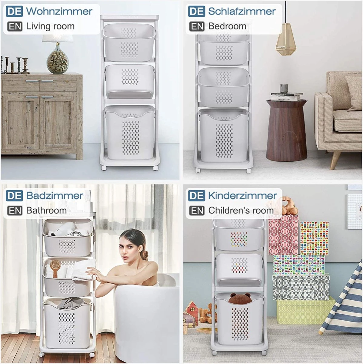 Wassorteerder – Wasmand Met 3 Vakken - Op Wieltjes - Milaan 4 Wassorteerder – Wasmand Met 3 Vakken - Op Wieltjes - Milaan - Afbeelding 4