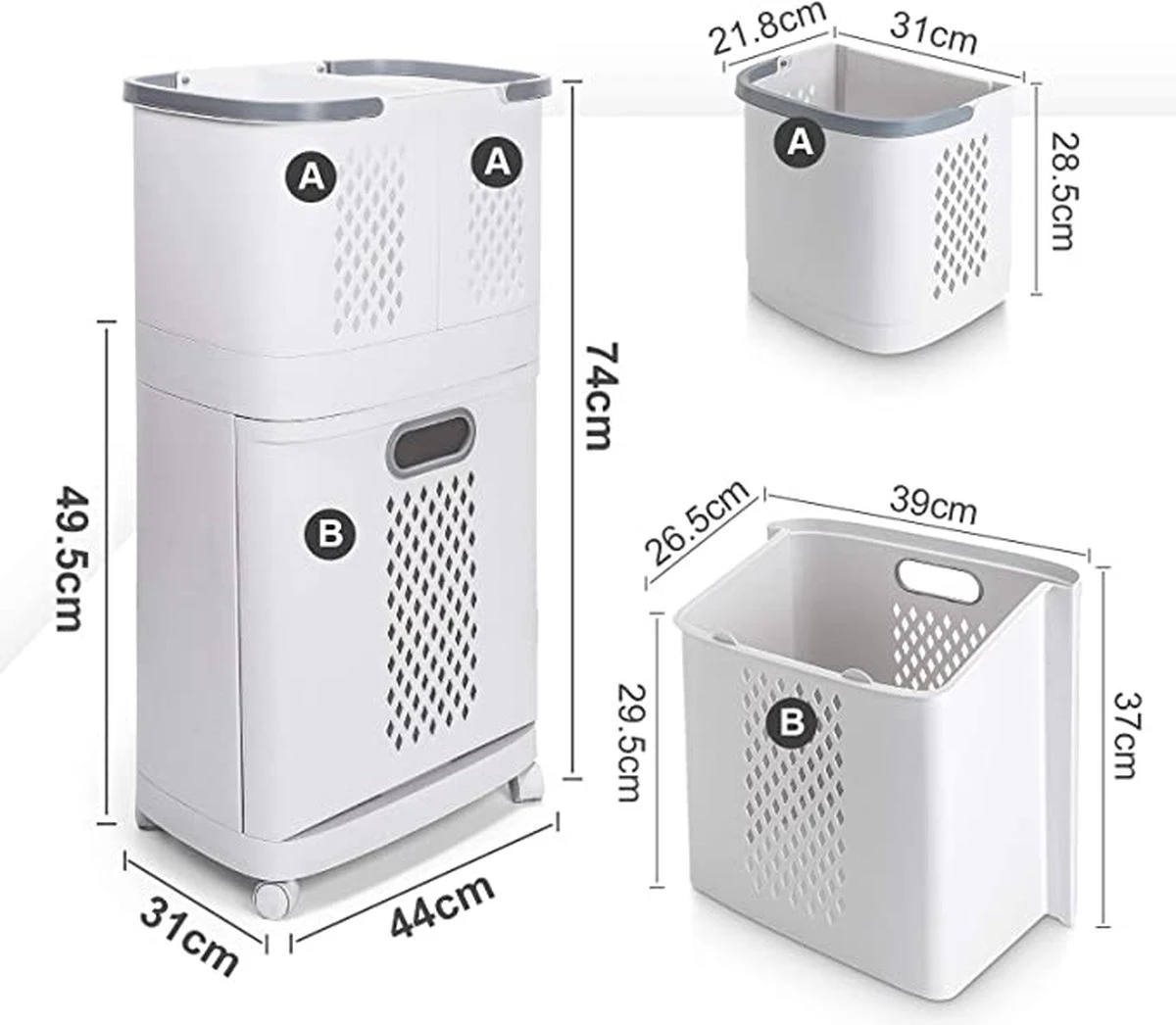 Wassorteerder – Wasmand Met 3 Vakken - Op Wieltjes - Valencia 5 Wassorteerder – Wasmand Met 3 Vakken - Op Wieltjes - Valencia - Afbeelding 5