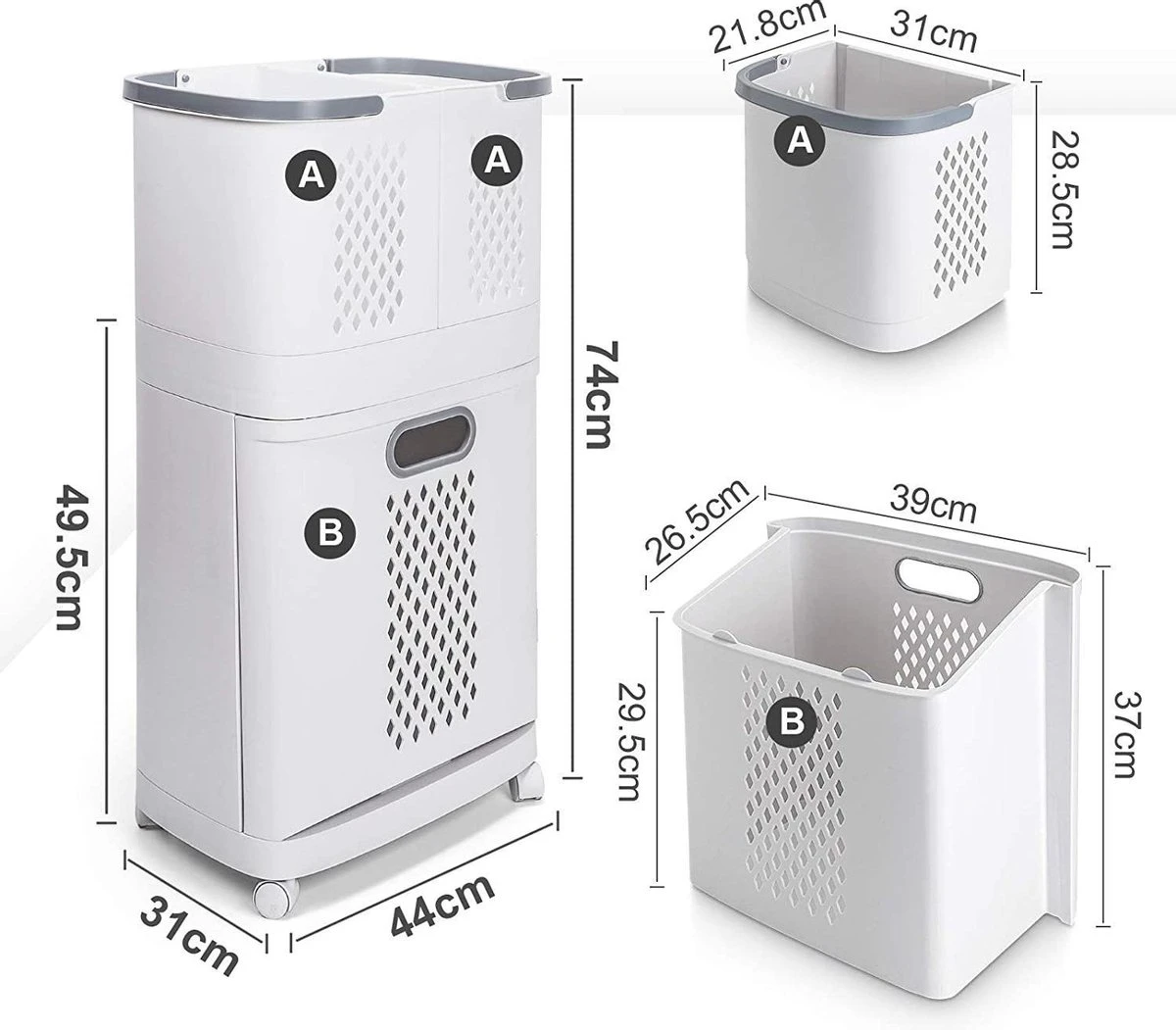 Sens Design Wasmanden Met Deksel - Wassorteerder 3 Vakken Op Wieltjes 2 Sens Design Wasmanden Met Deksel - Wassorteerder 3 Vakken Op Wieltjes - Afbeelding 2