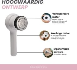 Bolide Oplaadbare Pluizenverwijderaar - Pluizentondeuse - Elektrische Kledingontpluizer Met Antistatische Pluizenborstel - Lintremover - Oplaadbaar - Pluizendief Wit -Leifheit Store 1200x1103