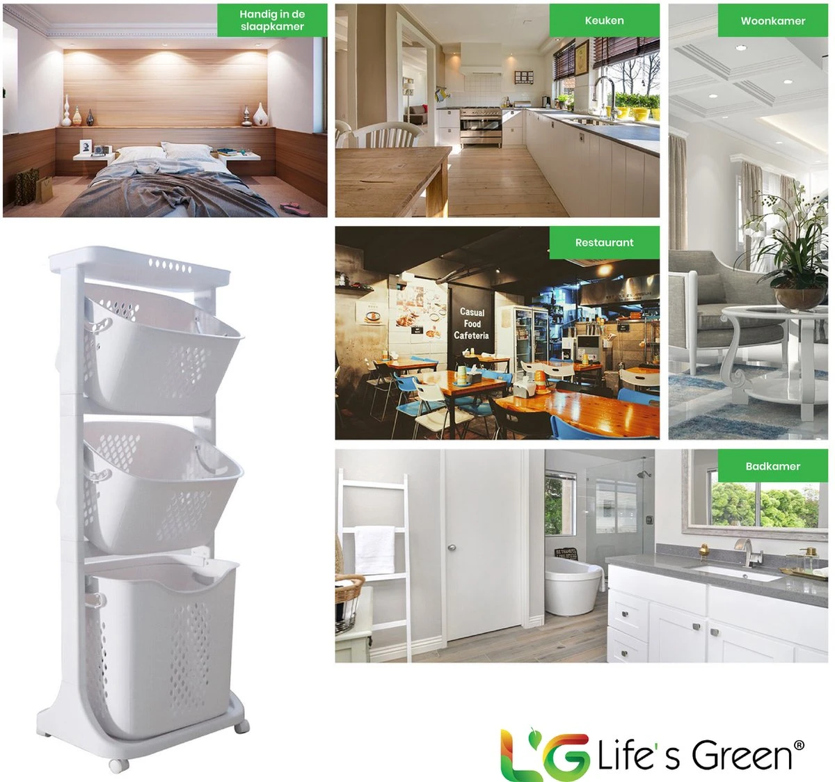 Life’s Green® - Wasmand - Wasmand 3 Vakken - Wassorteerder - Ophangbaar 4 Life’s Green® - Wasmand - Wasmand 3 Vakken - Wassorteerder - Ophangbaar - Afbeelding 4