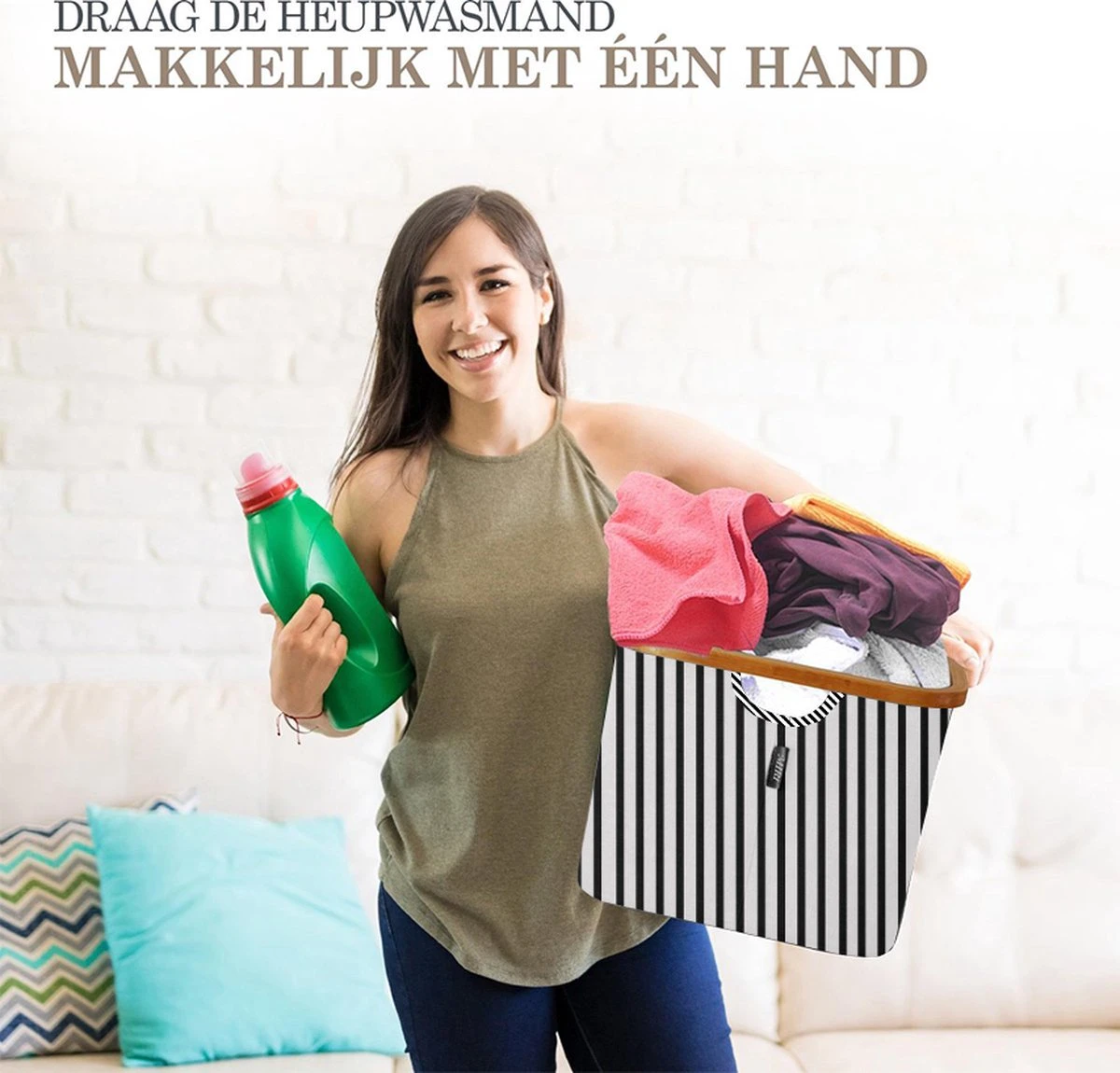 MIRI Opvouwbare Wasmand – Heupwasmand – Gestreept – Wasmanden – Opbergmand – Wasbox – 45L – Bamboe – Laundry Basket 2 MIRI Opvouwbare Wasmand – Heupwasmand – Gestreept – Wasmanden – Opbergmand – Wasbox – 45L – Bamboe – Laundry Basket - Afbeelding 2