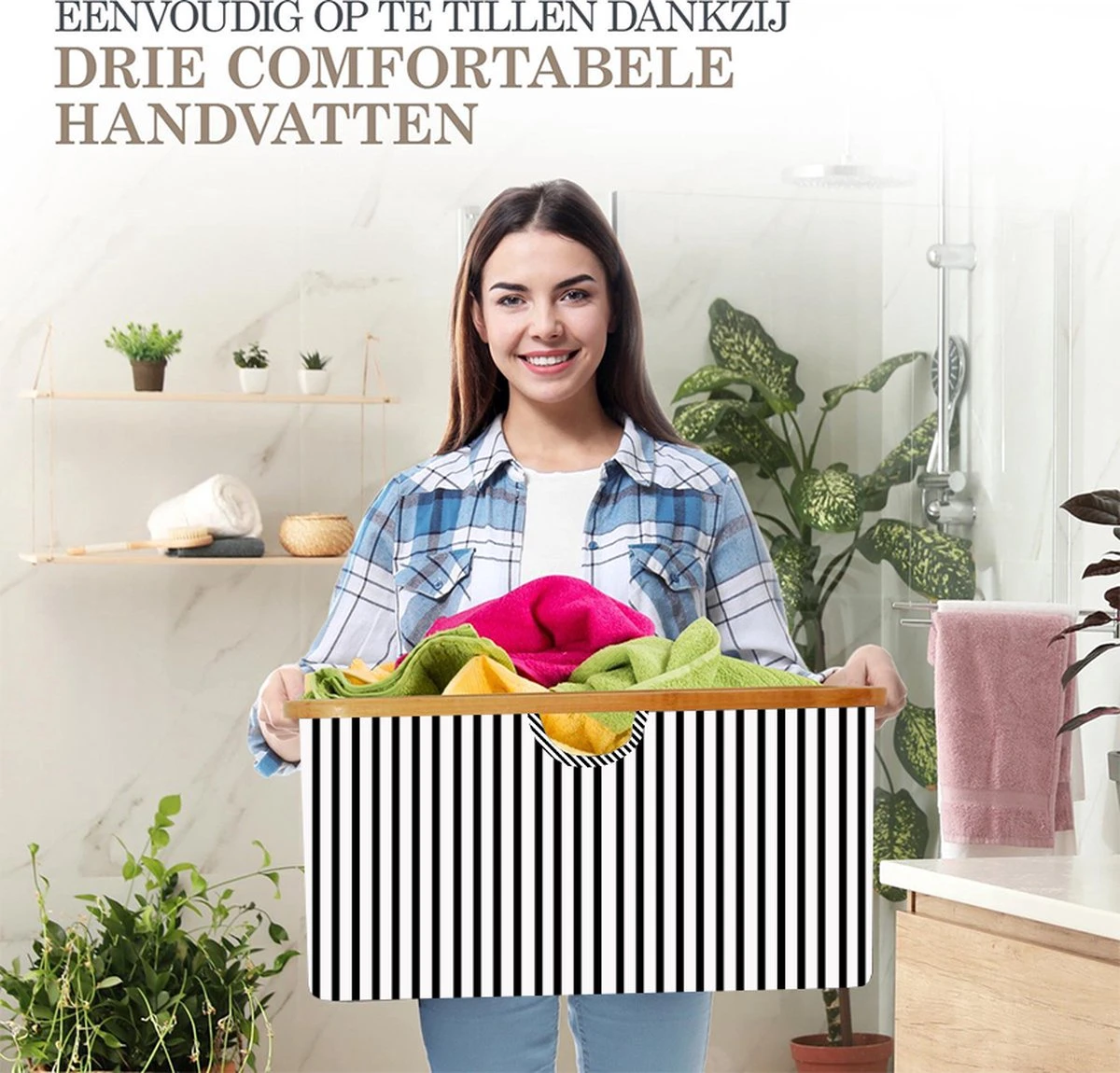 MIRI Opvouwbare Wasmand – Heupwasmand – Gestreept – Wasmanden – Opbergmand – Wasbox – 45L – Bamboe – Laundry Basket 5 MIRI Opvouwbare Wasmand – Heupwasmand – Gestreept – Wasmanden – Opbergmand – Wasbox – 45L – Bamboe – Laundry Basket - Afbeelding 5