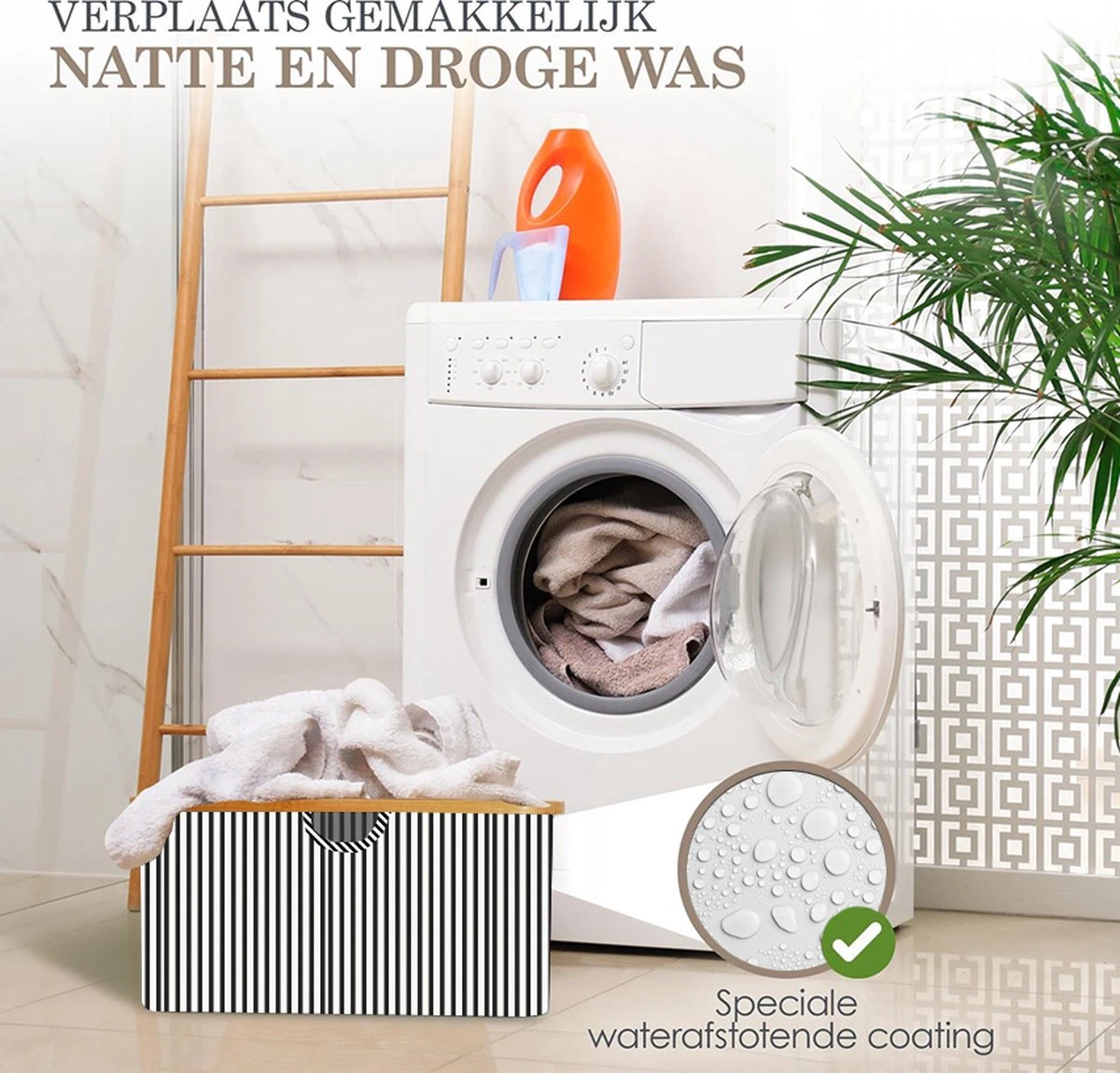 MIRI Opvouwbare Wasmand – Heupwasmand – Gestreept – Wasmanden – Opbergmand – Wasbox – 45L – Bamboe – Laundry Basket 7 MIRI Opvouwbare Wasmand – Heupwasmand – Gestreept – Wasmanden – Opbergmand – Wasbox – 45L – Bamboe – Laundry Basket - Afbeelding 7