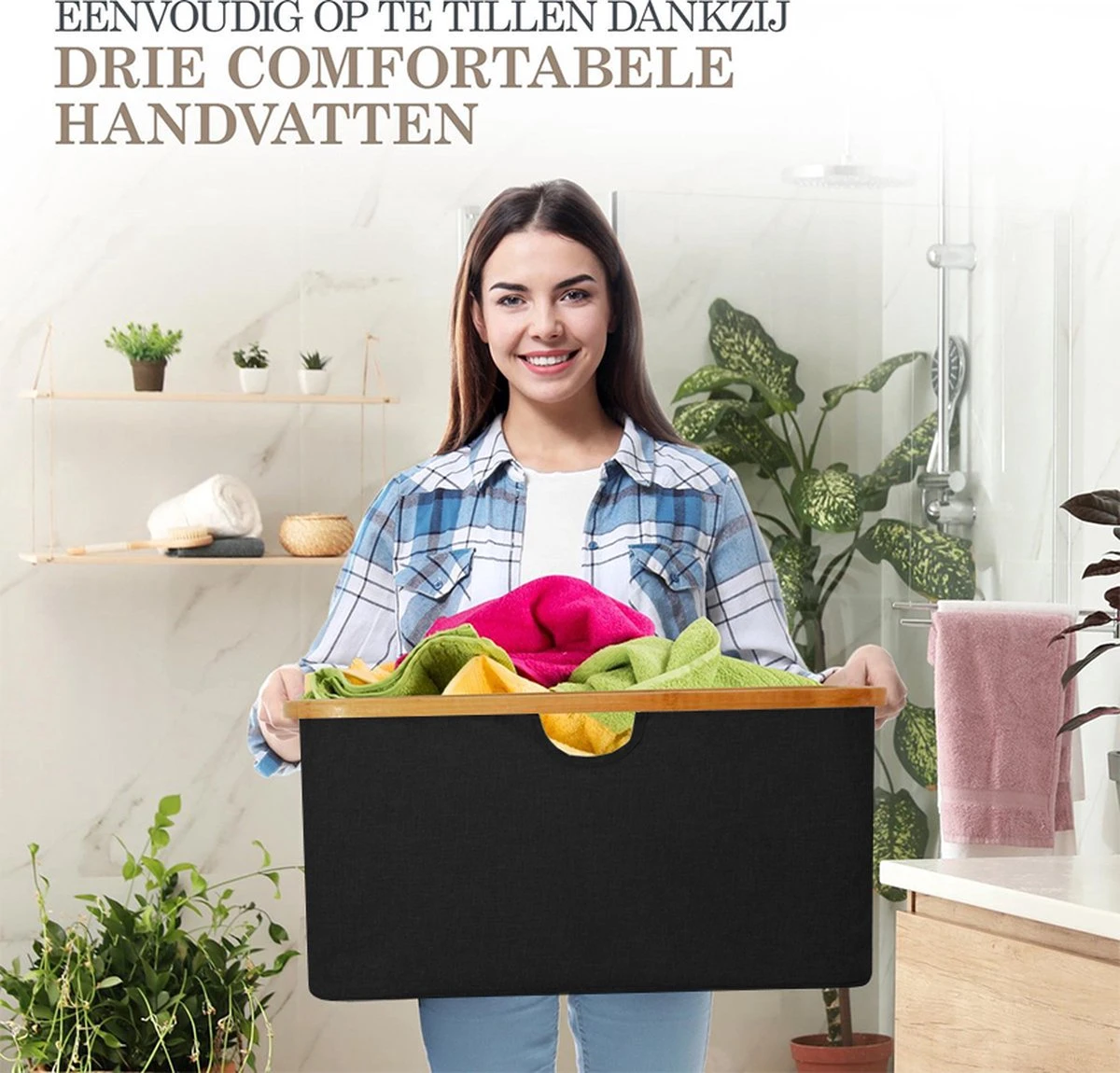 MIRI Opvouwbare Wasmand – Heupwasmand – Zwart – Wasmanden – Opbergmand – Wasbox – 45L – Bamboe – Laundry Basket 5 MIRI Opvouwbare Wasmand – Heupwasmand – Zwart – Wasmanden – Opbergmand – Wasbox – 45L – Bamboe – Laundry Basket - Afbeelding 5