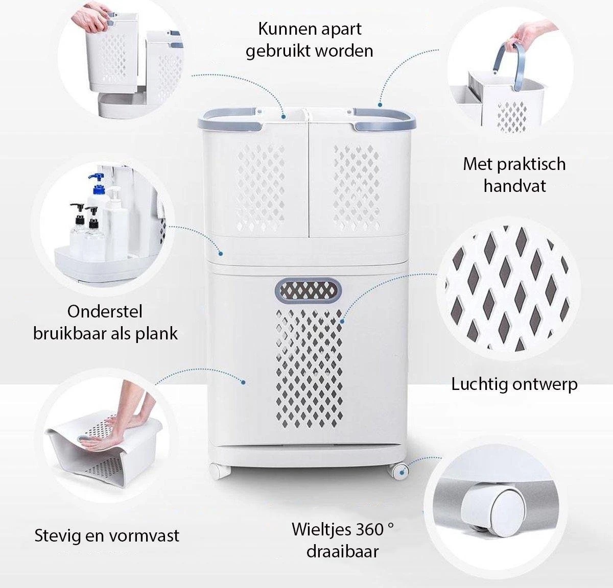Sens Design Wasmanden Met Deksel - Wassorteerder 3 Vakken Op Wieltjes 4 Sens Design Wasmanden Met Deksel - Wassorteerder 3 Vakken Op Wieltjes - Afbeelding 4