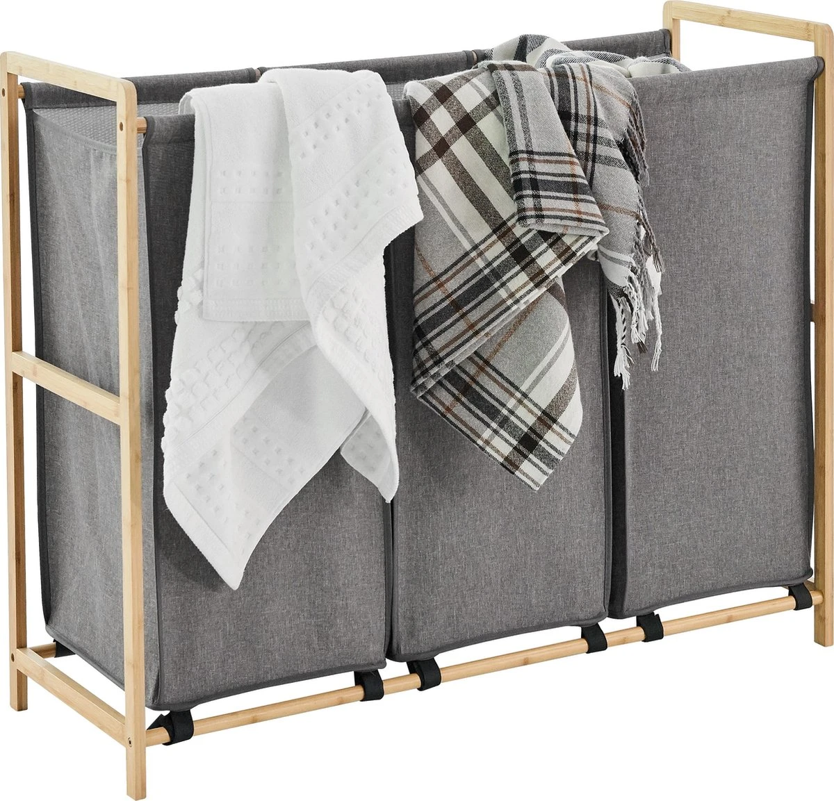 ACAZA Grote Wassorteerder Met 3 Vakken - XL Wasmand - Stof / Bamboe - Grijs 1 ACAZA Grote Wassorteerder Met 3 Vakken - XL Wasmand - Stof / Bamboe - Grijs