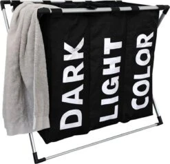 Wasmand Met 3 Vakken - 90 Liter - Opvouwbaar En Afneembaar Frame - Wassorteerder In Verschillende Kleuren - Badkamer Wasgoed Organizer Met Sluitbare Zak - Zwart