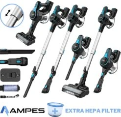 Steelstofzuiger Draadloos - Ampes® - Stofzuiger Draadloos - 6 In 1 - 25Kpa Zuigkracht - 2 Kracht Standen - 45 Minuten Gebruikerstijd - 250W