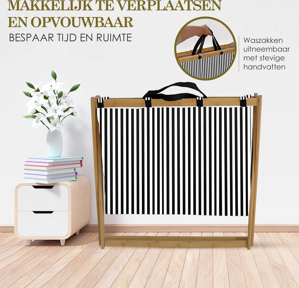 MIRI Wasmand – Wassorteerder – Gestreept – Wasmanden – Wasmand 3 Vakken – Opvouwbaar – Wasbox – Bamboe – 105L – Incl. Schroevendraaier – Laundry Basket – LIMITED EDITION 4 MIRI Wasmand – Wassorteerder – Gestreept – Wasmanden – Wasmand 3 Vakken – Opvouwbaar – Wasbox – Bamboe – 105L – Incl. Schroevendraaier – Laundry Basket – LIMITED EDITION - Afbeelding 4