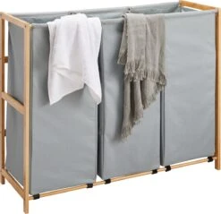 ACAZA Grote Wassorteerder Met 3 Vakken - XL Wasmand - Stof / Bamboe - Grijsgroen -Leifheit Store 1200x1161
