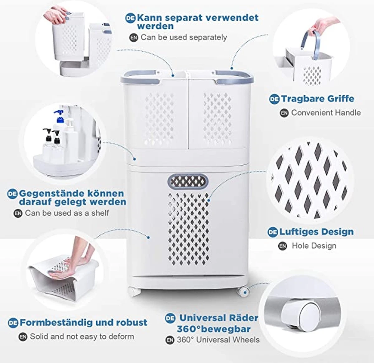 Wassorteerder – Wasmand Met 3 Vakken - Op Wieltjes - Valencia 4 Wassorteerder – Wasmand Met 3 Vakken - Op Wieltjes - Valencia - Afbeelding 4