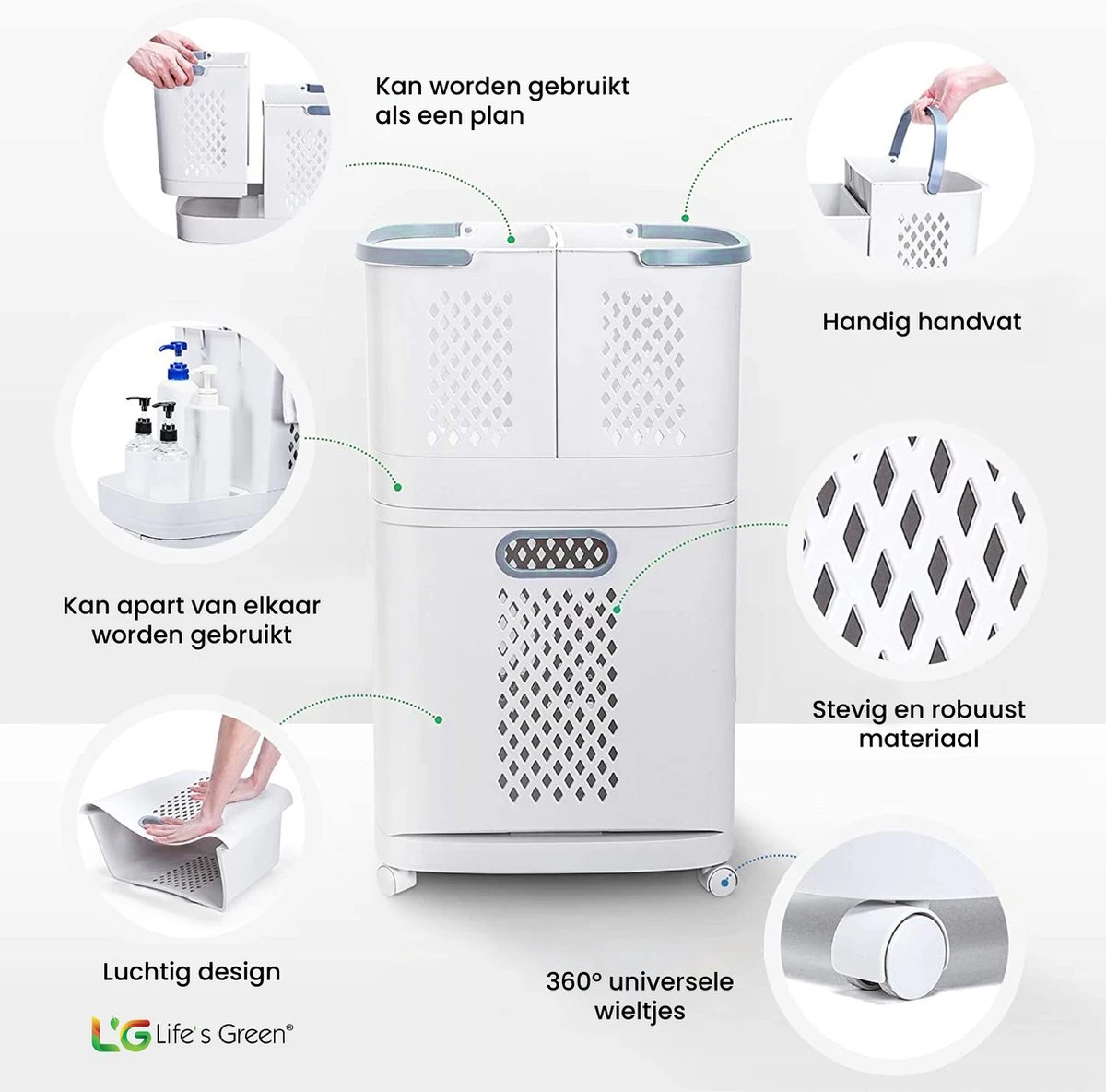 Life’s Green® - Wasmand - Wassorteerder - Wasmand 3 Vakken - Wit 5 Life’s Green® - Wasmand - Wassorteerder - Wasmand 3 Vakken - Wit - Afbeelding 5