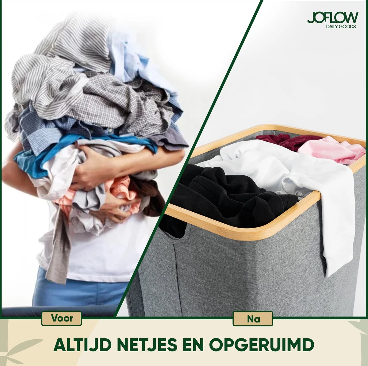 JoFlow® Wasmand Met Wassorteerder En Deksel | Wasbox Met 3 Vakken | Bamboe | 120L 4 JoFlow® Wasmand Met Wassorteerder En Deksel | Wasbox Met 3 Vakken | Bamboe | 120L - Afbeelding 4