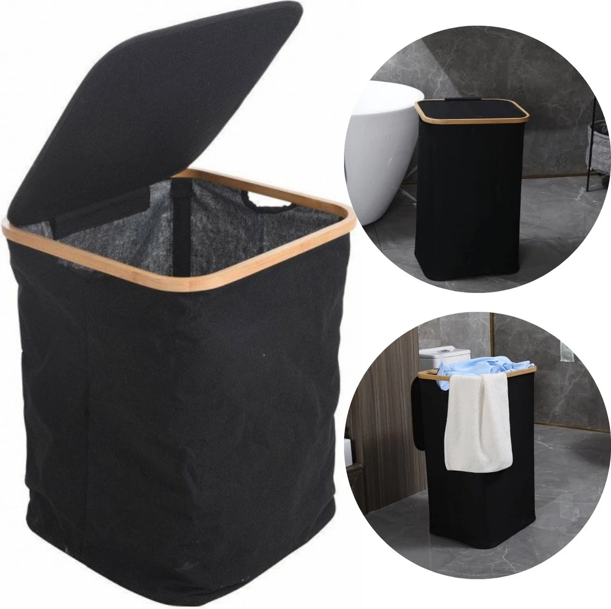 Cheqo® Luxe Wasmand Met Deksel - Opbergmand - Linnenmand - Wasbox - Wassorteerder - Laundry Basket - Zwart - Polyester En Katoen - 40x40x52cm 1 Cheqo® Luxe Wasmand Met Deksel - Opbergmand - Linnenmand - Wasbox - Wassorteerder - Laundry Basket - Zwart - Polyester En Katoen - 40x40x52cm