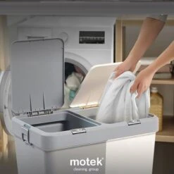 Motek® - Wasmand - 2 Vakken Met Deksel - Met Touch Deksel - Gemaakt Van 100% Gerecycled Kunststof - 80 L - Wasmand Met Deksel - Wassorteerder - Beige -Leifheit Store 1200x1198 13