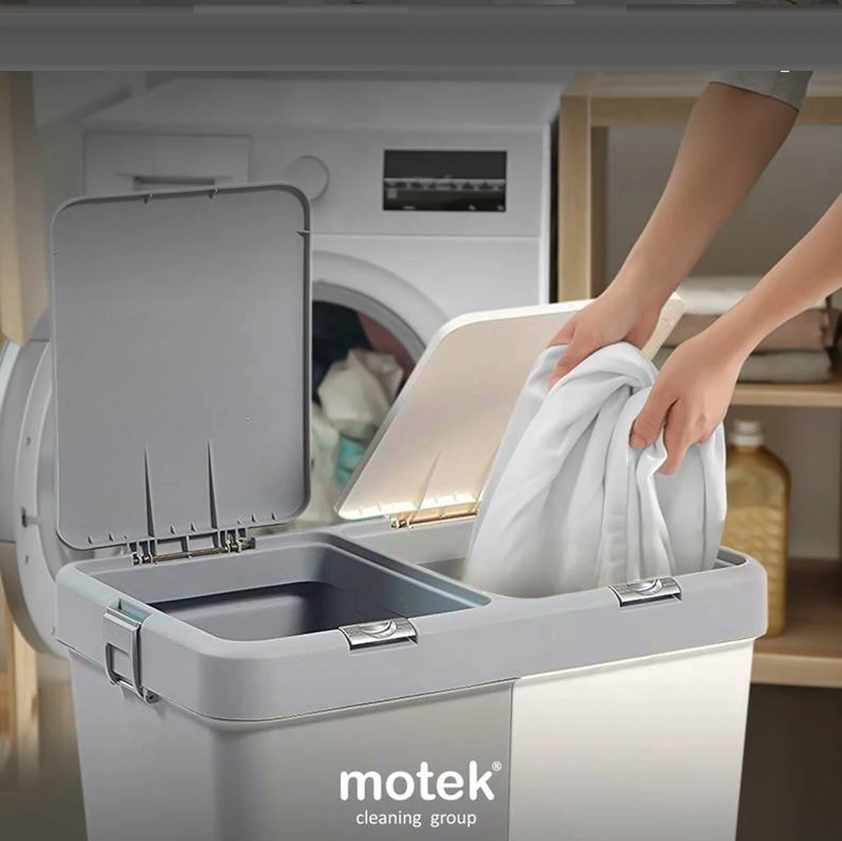 Motek® - Wasmand - 2 Vakken Met Deksel - Met Touch Deksel - Gemaakt Van 100% Gerecycled Kunststof - 80 L - Wasmand Met Deksel - Wassorteerder - Grijs - Wit 5 Motek® - Wasmand - 2 Vakken Met Deksel - Met Touch Deksel - Gemaakt Van 100% Gerecycled Kunststof - 80 L - Wasmand Met Deksel - Wassorteerder - Grijs - Wit - Afbeelding 5