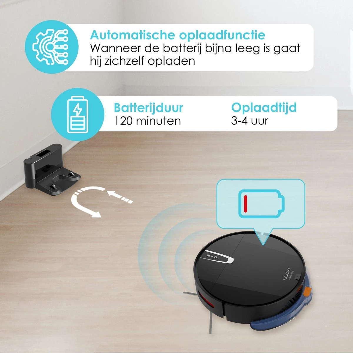 Looki 3-in-1 Robotstofzuiger Met Dweilfunctie - Automatisch - Met Laadstation - Draadloze Robot Stofzuiger - 45DB - Zwart 5 Looki 3-in-1 Robotstofzuiger Met Dweilfunctie - Automatisch - Met Laadstation - Draadloze Robot Stofzuiger - 45DB - Zwart - Afbeelding 5