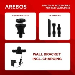 AREBOS - 2-in-1 Steelstofzuiger Draadloos - Stofzuiger Zonder Zak 200W - Kruimelzuiger - Handstofzuiger - Turboborstel Met LED - Stofzuiger Met Zak - Zwart -Leifheit Store 1200x1200 1537