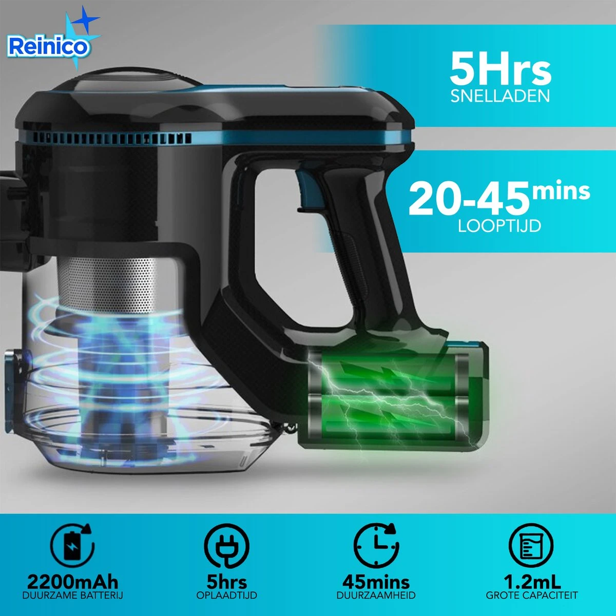 Reinico® - Stofzuiger - Vacuum Cleaner -12Kpa Krachtige Zuigstokstofzuiger - 6 In 1 Snoerloze Steelstofzuiger - 2200mAh Batterij - 440*330*190mm - Handheld - Zwart - EU-stekker 13 Reinico® - Stofzuiger - Vacuum Cleaner -12Kpa Krachtige Zuigstokstofzuiger - 6 In 1 Snoerloze Steelstofzuiger - 2200mAh Batterij - 440*330*190mm - Handheld - Zwart - EU-stekker - Afbeelding 13