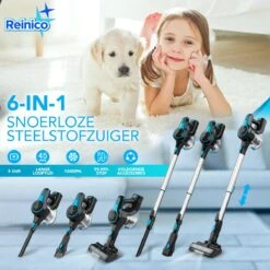 Reinico® - Stofzuiger - Vacuum Cleaner -12Kpa Krachtige Zuigstokstofzuiger - 6 In 1 Snoerloze Steelstofzuiger - 2200mAh Batterij - 440*330*190mm - Handheld - Zwart - EU-stekker -Leifheit Store 1200x1200 1682