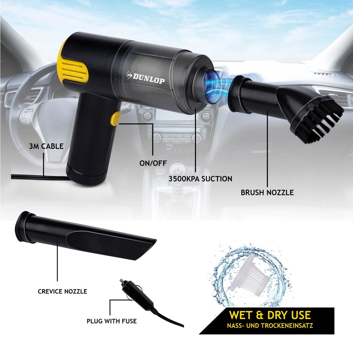 Dunlop Auto Stofzuiger - 12V Aansteker Aansluiting - Nat En Droog - Spleet- En Borstelmondstuk - 3 Meter Kabel - Auto Accessories - Zwart/Geel 7 Dunlop Auto Stofzuiger - 12V Aansteker Aansluiting - Nat En Droog - Spleet- En Borstelmondstuk - 3 Meter Kabel - Auto Accessories - Zwart/Geel - Afbeelding 7