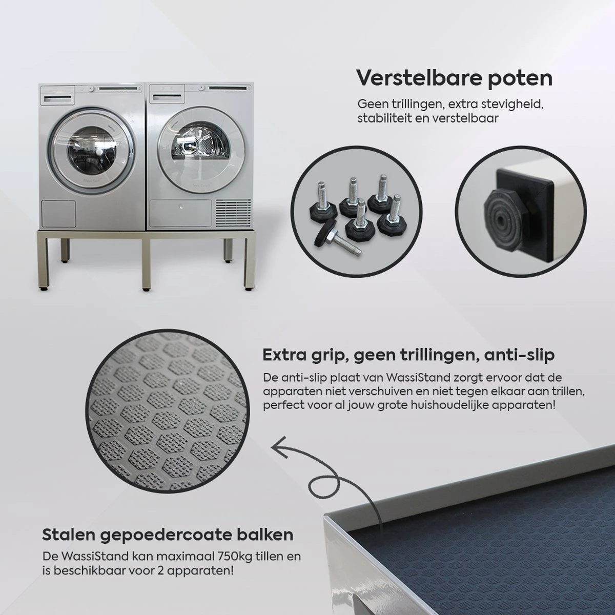 WassiStand Wasmachine Verhoger Met Grip – Wasmachine Kast En Ombouw – Verhoging Voor Wasmachine, Vaatwasser, Koelkast, Vriezer En Droger – Wasmachine Verhoger Inclusief 6 Dempers – Duurzaam RVS – Maximaal 750 Kg – 122x61x34cm 4 WassiStand Wasmachine Verhoger Met Grip – Wasmachine Kast En Ombouw – Verhoging Voor Wasmachine, Vaatwasser, Koelkast, Vriezer En Droger – Wasmachine Verhoger Inclusief 6 Dempers – Duurzaam RVS – Maximaal 750 Kg – 122x61x34cm - Afbeelding 4