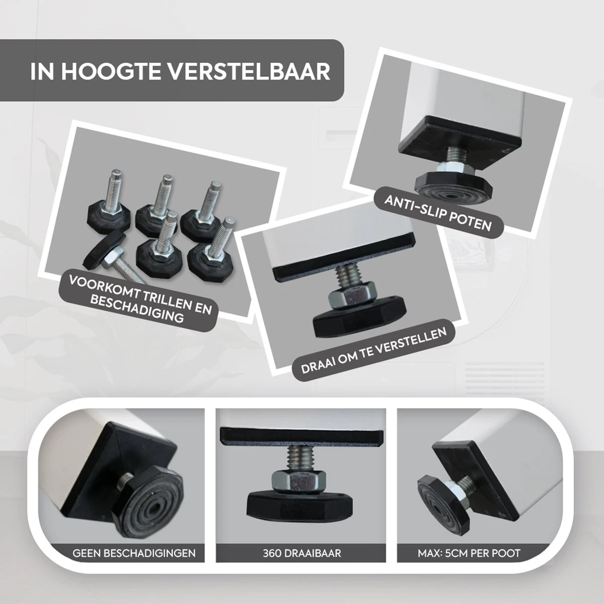 WassiStand Wasmachine Verhoger Met Grip – Wasmachine Kast En Ombouw – Verhoging Voor Wasmachine, Vaatwasser, Koelkast, Vriezer En Droger – Wasmachine Verhoger Inclusief 6 Dempers – Duurzaam RVS – Maximaal 750 Kg – 122x61x34cm 8 WassiStand Wasmachine Verhoger Met Grip – Wasmachine Kast En Ombouw – Verhoging Voor Wasmachine, Vaatwasser, Koelkast, Vriezer En Droger – Wasmachine Verhoger Inclusief 6 Dempers – Duurzaam RVS – Maximaal 750 Kg – 122x61x34cm - Afbeelding 8